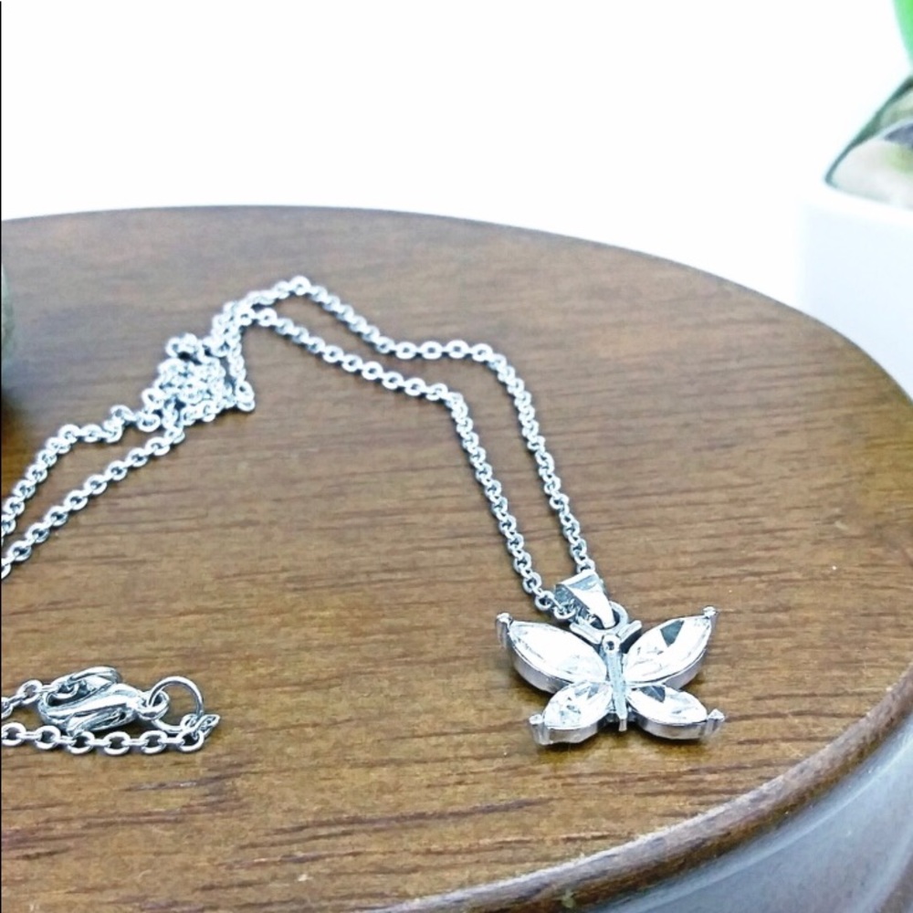 Rhinestone Butterfly Charm Silver Tone Necklace